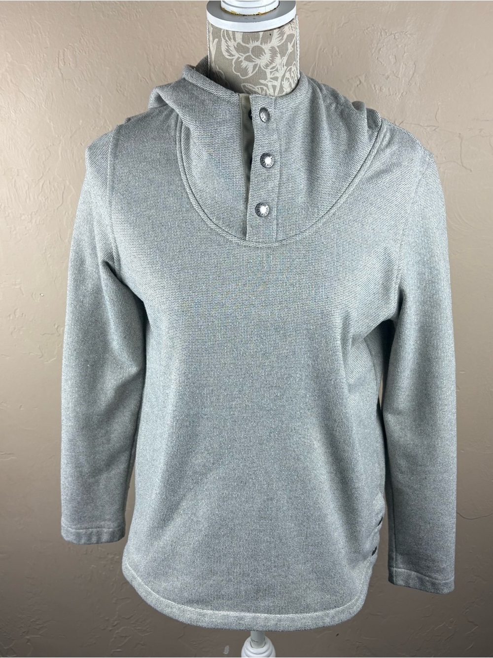 The North Face Womens Snap Button Fleece Hoodie Pullover Sz M Gray Scuba Neck